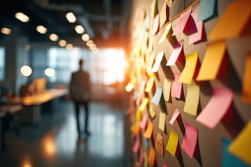 A modern office with a wall covered in colorful sticky notes, representing project planning and brainstorming, with a blurred figure in the background walking by.