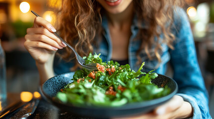 Woman enjoying a fresh salad in a cozy restaurant, with soft lighting and a lively atmosphere
