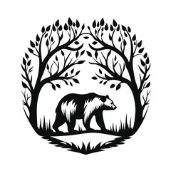 Black Bear Silhouette in Tree Circle. Forest and Wildlife Graphic, Minimalist Design