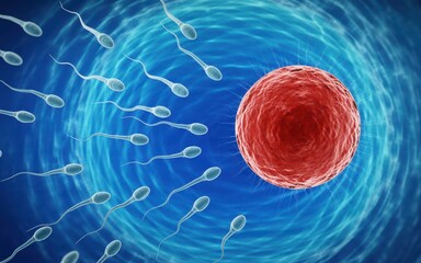 Sperm cells swimming towards an egg.