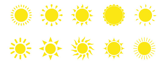 Sun icon set. Yellow sun icons. Shine sun ray set. Sunset icon collection. Yellow sun star icons. Vector illustration