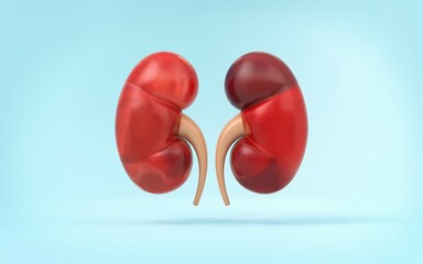 3D illustration of human kidneys on blue background.