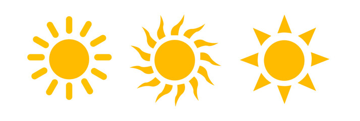Sun icon set. Yellow sun icons. Shine sun ray set. Sunset icon collection. Yellow sun star icons. Vector illustration