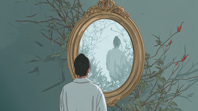 An old mirror displays not a typical reflection, but instead shows a mirrored version of the person looking into it, as if glimpsing an alternate reality.  