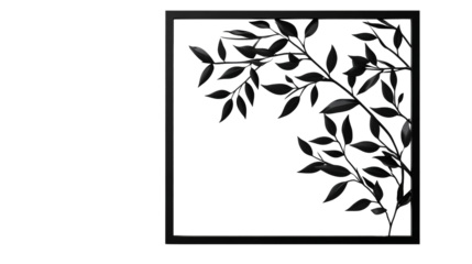 Frame of black leaves decoration element background, cut out transparent