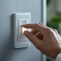 Hand turning on a light switch with a small illuminated indicator