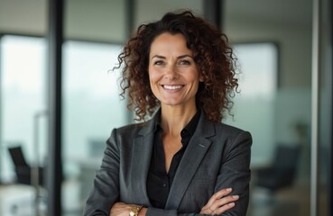 Portrait of confident middle-aged businesswoman. Latin woman with curly brown hair smiles at camera in office. Professional female executive, entrepreneur, leader in formal suit. Success, business,