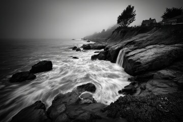 Obraz premium Ethereal monochrome seascape featuring a cascading waterfall meeting the ocean, shrouded in mist, highlighting the interplay of water and rock in black and white.