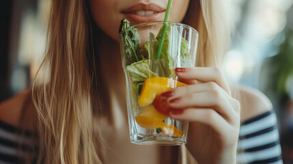 Young woman enjoying a refreshing drink with fresh fruits and herbs in a cozy caf? setting