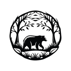 Elegant Black Bear Silhouette Walking in Forest Frame, Isolated on White Background