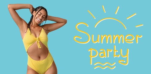 Beautiful happy African-American woman in swimsuit and text SUMMER PARTY on blue background