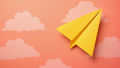 Stylized paper airplane in matte yellow placed on a soft gradient coral background with faint cloud silhouettes, ideal for creative presentations