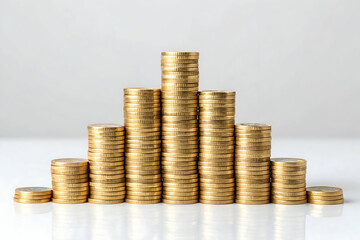 Cinco pilhas de moedas douradas sob fundo branco com reflexo. Arte ilustra&ccedil;&atilde;o para representar economia, reservas, finan&ccedil;as e or&ccedil;amento. Bancos, institui&ccedil;&otilde;es financeiras. Poupan&ccedil;a e investiment pic