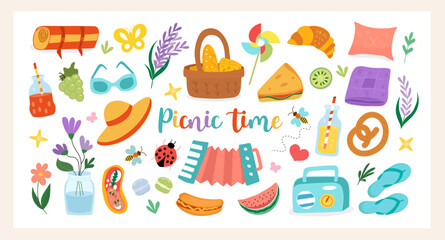 Picnic time vector set. Hand drawn flat illustrations with picnic basket, summer food, drinks, flowers, wind spinner, radio, blanket, hat, sunglasses. Perfect for summer and vacation designs