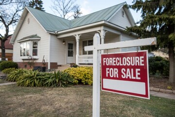 Charming white house with green roof for sale due to foreclosure.