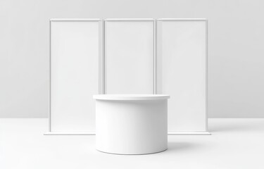 Blank white display podium with backdrop
