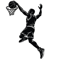 Silhouette of Athlete Slam Dunking Basketball into Hoop, Black and White Abstract Design © Shipon