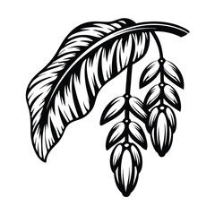 Black & White Banana Flower Illustration, Tropical Bloom Drawing with Leafy Branch