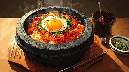 Bibimbapa Korean dish of mixed riceserved in a heated stone bowl, typically topped with a raw egg.  