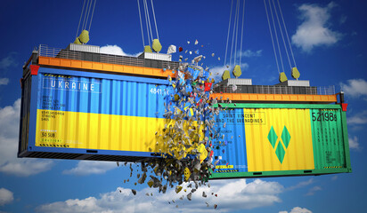 Cargo containers with flags of Ukraine and Saint Vincent and the Grenadines - 3D illustration