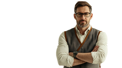 Creative landscape architect in vest and glasses studio setting professional portrait modern environment artistic vision