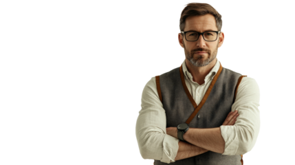 Creative landscape architect in vest and glasses studio setting professional portrait modern environment artistic vision