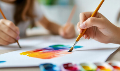 Two children enjoy painting with watercolors, creating colorful artwork on a white paper surface.