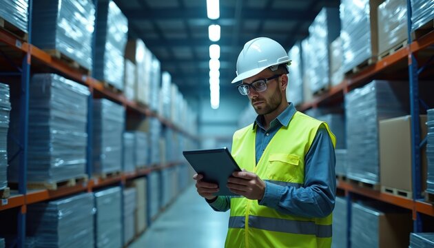 Warehouse worker checks inventory using tablet device. Man wearing glasses, helmet and yellow vest. Modern tech in cold storage facility, logistic hub. Cold temperature product placement.