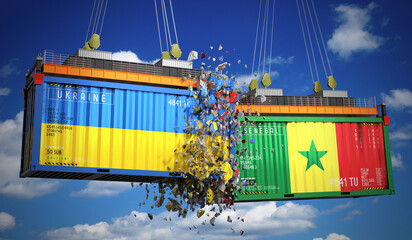 Cargo containers with flags of Ukraine and Senegal - 3D illustration