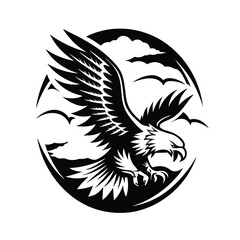 Bald Eagle Soaring with Wings Spread Silhouette | Circle Design with Clouds & Birds