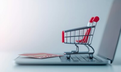 A tiny shopping cart on a laptop symbolizes the ease of online retail and modern e-commerce.
