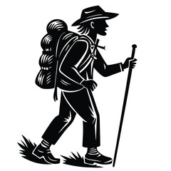 Hiker With Backpack Silhouette On Hill With Walking Sticks And Circular Plant Design