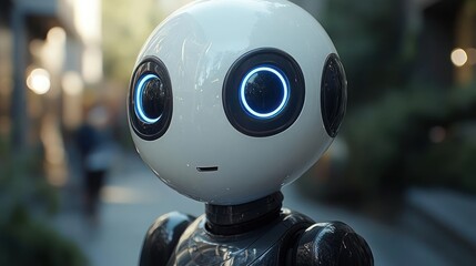 Friendly, futuristic robot head in urban setting
