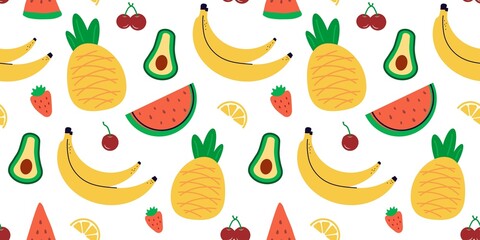 Seamless pattern of summer fruits: banana, watermelon, avacado, lemon.  natural food. Flat, linear...