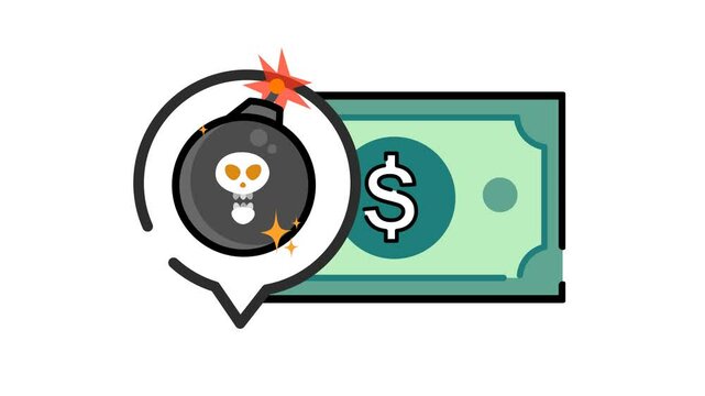 Bomb threat to money in cartoon animation. Financial risk icon. Danger sign on economic growth. Investment crisis and inflation problem symbol. Alpha channel.