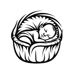 Stylized of Newborn Baby Sleeping Peacefully Inside Stylized Wicker Basket