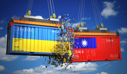 Cargo containers with flags of Ukraine and Taiwan - 3D illustration