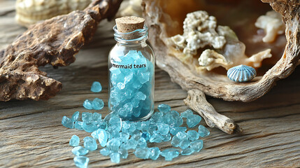 Teal mermaid tears in glass vial on driftwood
