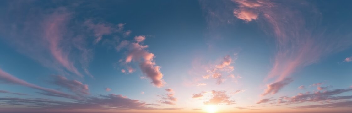 Panoramic dark blue sunset sky, pink Cirrus clouds in equirectangular format. Bright sunlight with 3D visualization, aerial drone panoramas. Seamless hdri 360 projection ideal for 3D, sky replacement.