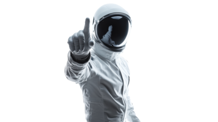 Confident astronaut gestures in white suit outer space gigapixel image futuristic environment dynamic viewpoint