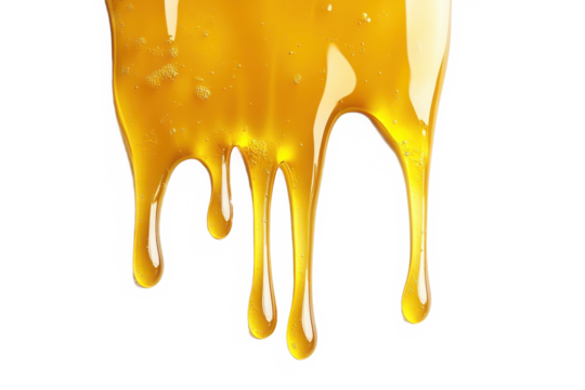Dripping golden liquid flowing downwards in a viscous manner on surface on transparent background - Powered by Adobe