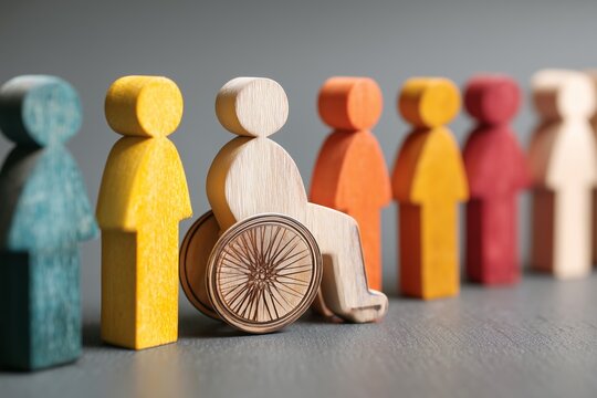 diversity and inclusion concept with wooden people figures of different color including wheelchair user