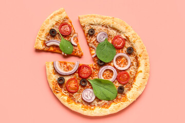 Tasty pizza with basil and tomatoes on pink background