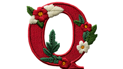 Embroidered Letter Q Adorned with Floral Elements, cut out transparent