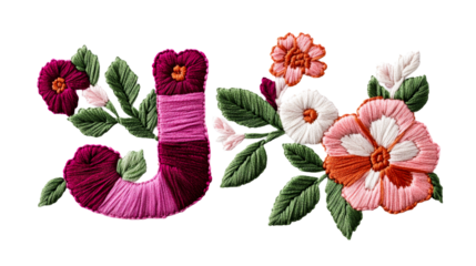 Floral Embroidery Design with Letter "J", Flowers, Leaves, cut out transparent