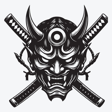 Oni mask and two crossed katanas vector illustration in monochrome style isolated on white background stock illustration