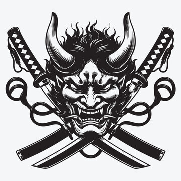 Oni mask and two crossed katanas vector illustration in monochrome style isolated on white background stock illustration