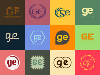 GE logo company template. Letter g and e logotype. Set different classic serif lettering and modern bold text with design elements. Initial font typography.