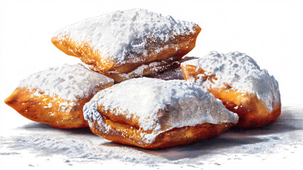 Classic New Orleans beignets, covered in powdered sugar, are a traditional American treat, shown against a white backdrop.  