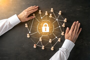 Digital Guardians: A secure lock symbol within a web of interconnected figures, symbolizing data protection and network security. Supported by a set of hands on a dark background.